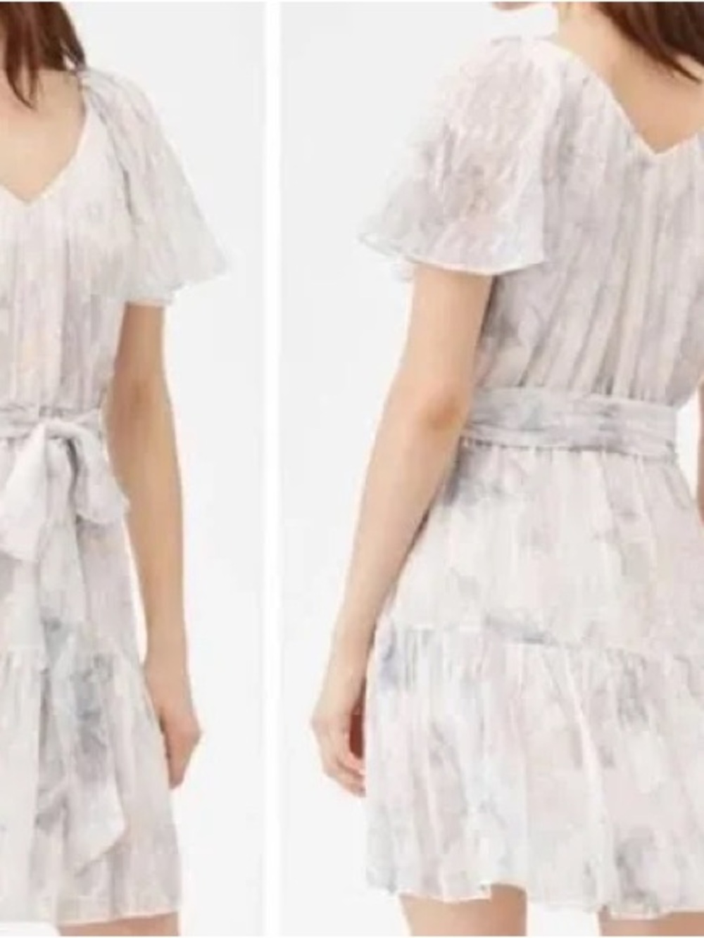 Rebecca Taylor Light Gray Floral Tie-Waist Short Dress